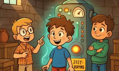 Es gibt drei Charaktere: Jonas, ein 10-jähriger Junge mit zerzausten braunen Haaren und neugierigen Augen, trägt ein blaues T-Shirt und eine rote Shorts. Er steht in der Mitte und schaut fasziniert auf die Zeitmaschine. Fabian, ebenfalls 10 Jahre alt, mit runden Brillen und blonden Haaren, trägt ein kariertes Hemd und beigen Hosen. Er steht links von Jonas und zeigt mit einem breiten Lächeln auf die Maschine. Ben, ein 10-jähriger Junge mit kastanienbraunen Haaren und einer roten Beinamputation, trägt einen grünen Sweatshirt und Jeans. Er steht rechts von Jonas, mit verschränkten Armen und einem Ausdruck von Aufregung und Unglauben. Die Szene spielt in einem alten, staubigen Keller, voller Spinnweben und alter Holzkisten. In der Mitte steht die Zeitmaschine, geschmückt mit bunten Knöpfen und blinkenden Lichtern, die ein geheimnisvolles Licht ausstrahlt. Die Wände sind aus Stein, und ein kleines Fenster lässt einen Lichtstrahl herein, was eine sowohl faszinierende als auch magische Atmosphäre schafft. Die Hauptsituation zeigt die drei Freunde, fasziniert und ein wenig besorgt, während sie vor der Zeitmaschine stehen, bereit, einen Knopf zu drücken, um ihr unglaubliches Abenteuer durch die Zeiten zu beginnen.