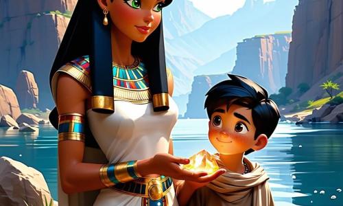 Neferu, een jonge Egyptische vrouw met stralend rood haar en sprankelende groene ogen, staat aan de oever van de majestueuze Nijl. Ze toont een schitterende vastberadenheid terwijl ze een fonkelende steen vasthoudt die een zachte gouden gloed uitstraalt. Naast haar kijkt Amset, een vijftienjarig jongen met zwart haar en fijne trekken, met bewondering naar de steen, zijn ogen glanzend van nieuwsgierigheid. Ze staan op een zandige oever, omringd door palmen die zachtjes in de warme bries wiegen. De plek is verlicht door het gouden licht van de ondergang, wat een betoverend landschap creëert waar de reflecties van het water dansen onder de zonnestralen. Op de achtergrond rijzen majestueuze piramides op tegen een lucht gekleurd in roze en oranje, wat een vleugje mysterie aan de scène toevoegt. Neferu ontdekt de magie van de steen, klaar om in een fantastische avontuur te duiken, terwijl Amset, naast haar, haar aanmoedigt met een hoopvolle glimlach.