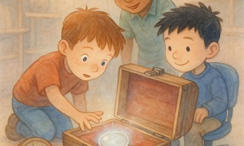 Er zijn drie personages: Milo, jongen 6 jaar, kastanjebruin kort haar, sproetje op de neus, geknield links van de kist en reikend naar het glanzende ronde object; Sem, jongen 6 jaar, zwart stekelig haar, zittend in een klein blauw rollend stoeltje rechts van de kist, glimlachend terwijl hij zacht naar de groep rolt; Yassin, jongen 6 jaar, gebruinde huid en krullend haar, staand achter Milo en voorovergebogen om verbaasd naar de glanzende schijf te kijken. Locatie: een klein warm museum met lichte houten wanden, lage planken en een hoek met oude voorwerpen (een klok zonder wijzers, een kartonnen helm) en een versleten houten kist op rood fluwelen doek; zachte lichtstralen van een hoog raam tonen stofdeeltjes. Hoofdscene: in het midden een zilveren ronde schijf in de kist die een maanachtige gloed weerspiegelt met een kleine ademende wijzer; de gezichten van de kinderen worden door die gloed verlicht, hun uitdrukkingen vol nieuwsgierigheid en verwondering; intieme, magische sfeer in pasteltinten (zachtblauw, lichtroze, beige) met aquarelachtige, vage texturen en witte gellpenaccenten op de gloed en het stof.