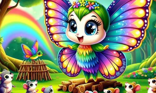 Un personaje principal, una pequeña mariposa de alas multicolores brillantes, se encuentra en el centro de un claro alegre, su rostro radiante de alegría y emoción. Sus alas brillan con los colores del arcoíris, creando una atmósfera mágica a su alrededor. A su derecha, un grupo de pequeños roedores de suaves pelajes y ojos curiosos se afanan en construir un pequeño podio de ramas y hojas, mostrando su entusiasmo por el festival. A la izquierda, un pájaro de plumas brillantes canta alegremente, sus ojos brillando de orgullo, mientras se eleva ligeramente en el aire, listo para compartir su melodía. El lugar es un claro verde del bosque de Arcoíris, rodeado de árboles majestuosos con troncos gruesos, cuyas hojas bailan suavemente al viento. Flores coloridas salpican el suelo, añadiendo un toque de magia al entorno. La situación principal muestra a la mariposa, llena de energía, guiando a los otros animales en los preparativos del Festival de la Diversidad, celebrando sus diferencias y uniendo a todos los habitantes del bosque en un ambiente de alegría y armonía.