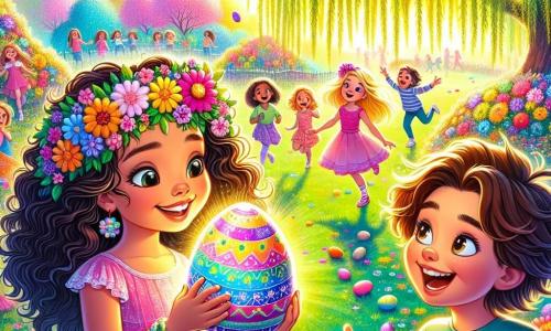 En un parque soleado, Valeria, una niña de 11 años con cabello rizado y una gran sonrisa, está en el centro sosteniendo un huevo de Pascua colorido en sus manos. A su derecha, Sofía, una niña de 10 años con una diadema de flores y un vestido rosa, mira con asombro el huevo. A la izquierda, Lucas, un niño de 11 años con cabello castaño desordenado y una camiseta a rayas, ríe señalando a un grupo de niños que juegan a lo lejos. El decorado es un parque vibrante, lleno de flores multicolores, con árboles en flor y niños corriendo alegremente. Al fondo, un gran sauce se mueve suavemente con el viento, creando una atmósfera mágica. La escena principal muestra a Valeria, Sofía y Lucas descubriendo un huevo de Pascua escondido bajo una flor gigante, rodeados de risas y colores, simbolizando el espíritu de Pascua y la amistad.