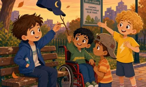 Cuatro niños de 8 años: Mateo, pelo castaño despeinado, piel clara, gorra con luna y chaqueta azul, sentado a la izquierda en un banco sujetando la gorra con una mano y con su inhalador en el bolsillo; Lucas, pelo corto negro, piel oliva, en una silla de ruedas roja en el centro adelantado al banco, estirando una ramita para alcanzar la gorra; Dani, pelo rubio rizado, piel pálida, camiseta amarilla, de pie a la derecha con una mueca alegre mirando a Tomás; Tomás, pelo castaño corto, piel ligeramente bronceada, gorra usada demasiado grande, delante del banco a media distancia sonriendo tímidamente listo para recibir la gorra. Lugar: parque urbano al crepúsculo con sendero empedrado, banco de madera algo gastado, árboles de hojas anaranjadas, cartel municipal y hojas que vuelan; atmósfera cálida con tonos pastel dorados. Situación: escena tierna y tranquila de amistad y ayuda compartiendo una gorra, miradas cómplices, viento ligero que levanta la gorra y algunas hojas, composición clara y cercana, estilo vectorial simple y alegre con paleta cálida y contrastes suaves.