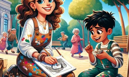 Una joven artista, Alma, con cabello castaño rizado y ojos llenos de curiosidad, está sentada en el suelo de una pequeña plaza. Lleva una blusa salpicada de pintura y sonríe entusiasmada, sosteniendo un lápiz en una mano y un cuaderno de bocetos en la otra. A su lado, un niño, Diego, de unos 10 años, con cabello negro despeinado y piel bronceada, observa con admiración los dibujos de Alma, con las manos cubiertas de tierra, mientras modela una pequeña escultura. La plaza está rodeada de grandes árboles de hojas verdes vibrantes, con bancos de madera donde personas mayores conversan alegremente. Niños juegan a lo lejos, añadiendo una atmósfera de alegría y creatividad. La escena principal muestra a Alma y Diego compartiendo un momento de inspiración artística, rodeados de colores vivos y risas, mientras se preparan para organizar un evento artístico que reúna a su comunidad.