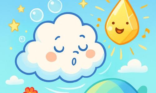 Una pequeña nube suave y esponjosa, llamada Almohadita, flota pacíficamente en un cielo azul pastel, con una sonrisa benevolente y ojos brillantes de dulzura. Está rodeada de pequeñas estrellas centelleantes que bailan a su alrededor, creando una atmósfera de serenidad y magia. Cerca, un cristal brillante en forma de gota emite destellos de luz dorada y produce una melodía tranquilizadora. Este cristal, con un rostro sonriente, parece feliz de compartir su música suave, añadiendo un toque de alegría a la escena. El decorado es un paisaje onírico, con una cúpula protectora de colores cambiantes, pasando del azul al verde suave, y un suelo cubierto de flores coloridas que se inclinan suavemente al ritmo del viento. Nubes ligeras flotan aquí y allá, contribuyendo a la sensación de calma. La situación principal muestra a Almohadita y al cristal respirando juntos, rodeados de olas de dulzura y luz. Almohadita inspira profundamente, y a su alrededor, burbujas de sueño se elevan, llevándose las preocupaciones y llenando el aire de paz y bienestar.