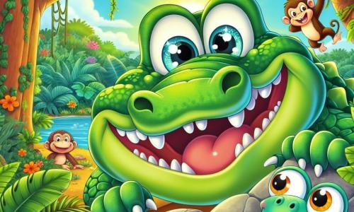 Um crocodilo chamado Caco, com uma pele verde brilhante e olhos cintilantes de alegria, se esconde atrás de uma grande pedra, rindo de todo o coração. Sua boca larga está aberta em um sorriso, mostrando seus dentes brancos e amigáveis. Próximo a ele, um pequeno sapo chamado Sapo, com pele verde e manchas amarelas, salta de alegria, seus olhos redondos brilhando de excitação, enquanto tenta se esconder atrás de uma folha gigante. Mais adiante, uma macaca chamada Mimí, com pelagem marrom e olhos travessos, balança em uma liana, observando a cena com um sorriso divertido. Ao fundo, a selva de Zumbalândia é luxuriante, cheia de árvores majestosas com folhas vibrantes, flores coloridas e um céu azul claro. A cena principal mostra Caco, o crocodilo, rindo e tentando se esconder, enquanto Olívia, a coruja, os procura contando, criando uma atmosfera alegre e lúdica.