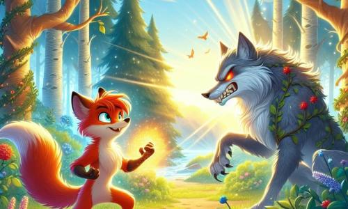 In an enchanted clearing of the forest, a young fox named Félix, with a vibrant coat and sparkling eyes full of curiosity, stands bravely against a big bad wolf. With a determined expression, Félix clutches an ancient glowing scroll in his paws, ready to defend his territory. The imposing wolf, with his grayish fur and piercing ice-like eyes, shows a defiant expression, his teeth slightly bared, as he faces Félix, prepared for a confrontation. The clearing is bathed in soft morning light, surrounded by majestic trees with shimmering leaves, and colorful flowers bloom around them, adding a touch of magic to the atmosphere. Sunbeams filter through the branches, creating a play of shadows and light on the ground. The main scene shows Félix challenging the wolf in a frantic race through the clearing, each ready to prove their worth, while other forest creatures, hidden behind the trees, watch with palpable tension, waiting to see who will prevail.