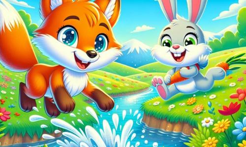 Ein kleiner Fuchs namens Finn mit leuchtend orangefarbenem Fell und funkelnden Augen springt ins klare Wasser eines Baches und spritzt glitzernde Wassertropfen um sich herum. Neben ihm lacht sein Freund Max, ein kleiner Hase mit großen weißen Ohren und weichem Fell, fröhlich, während er eine Karotte in seinen Pfoten hält. Der Bach schlängelt sich durch eine grüne Wiese, die mit bunten Blumen und leuchtenden Blütenblättern übersät ist, unter einem hellblauen Himmel mit einigen flauschigen Wolken. Die Szene strahlt Glück und Freundschaft aus, während Finn und Max zusammen Spaß haben und einen sonnigen Sommertag genießen.