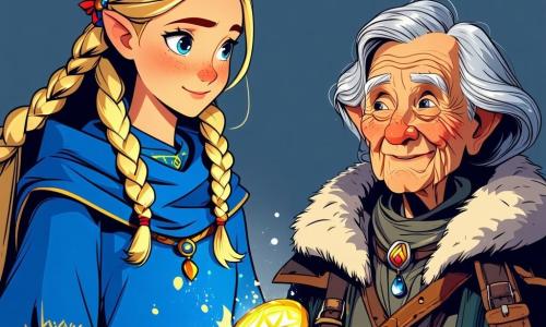 Een jonge vrouw genaamd Astrid, met lange gevlochten blonde haren, draagt een blauwe wollen tuniek en een bontjas. Haar gezicht straalt vastberadenheid en verwondering uit terwijl ze een glanzende rune in haar hand houdt, die haar nieuwsgierige blik verlicht. Naast haar staat een wijze oude vrouw, Freja, ongeveer 70 jaar oud, met grijs haar en een rimpelig maar warm gezicht, die Astrid met trots observeert. Freja is gekleed in een beige linnen jurk en draagt een ketting van oude kralen. De scène speelt zich af aan de oever van een groot bevroren meer, omgeven door majestueuze besneeuwde bergen onder een heldere blauwe lucht. Groene dennenbomen staan rond het meer en sneeuwvlokken vallen zachtjes. Astrid bereidt zich voor om een majestueuze draak te confronteren, wiens zwarte schubben in de zon schitteren. De draak brult en spuwt vlammen, terwijl Astrid moedig een pijl uit haar boog trekt, klaar om haar dorp te verdedigen.