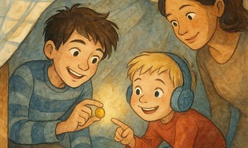 Een 12-jarige jongen, Milan, met expressief gezicht en warrig bruin haar, in een blauw-grijs gestreepte trui, kijkt blij en trots en houdt voorzichtig een kleine gouden medaille tussen zijn vingers onder de tafel; een 5-jarige jongen, Sem, met ronde wangen en blond haar en een scheef kussentje-‘helm’, hurkt naast Milan en wijst op de medaille met ondeugende glimlach; hun moeder, ongeveer 35, in een eenvoudige jurk, staat bij de rand van de tafel met licht gebogen hoofd, zachte glimlach en nieuwsgierige blik, verlicht door een ganglicht. Scène onder een grote licht houten tafel met een geruit tafelkleed als tent, kleurrijke kussens verspreid, koekruimels op de houten vloer, en een klein gouden schijnsel van de medaille. Belangrijkste situatie: twee broers verstoppen zich in hun geïmproviseerde fort en ontdekken een glanzende medaille — een intiem, warm moment van samenzijn, vreugde en gedeeld geheim; krappe compositie en licht vogelperspectief om de tafel als dak te tonen. Aquarelpalet zacht: warme okertinten, zachte blauwtinten, gouden accenten voor de medaille, lichte spatten rond kussens en doek voor beweging zonder rommel. Kinderlijke, tedere stijl met fijne lijnen, zichtbare papiertextuur en duidelijk leesbare gelaatsuitdrukkingen.