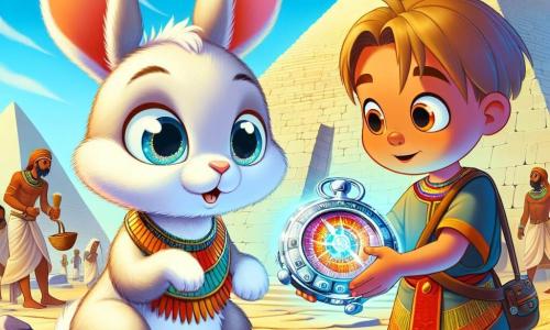Ein kleiner Hase mit großen Ohren, weichem und seidig glänzendem Fell und neugierigen, funkelnden Augen steht im Mittelpunkt des Bildes und bewundert ein glänzendes, futuristisch geformtes Kompassgerät, das er in seinen Pfoten hält. Neben ihm schaut ein junger ägyptischer Junge in einer bunten Tunika und einer Perlenkette mit einem freundlichen Lächeln auf den Hasen, seine Augen voller Staunen. Im Hintergrund erheben sich majestätische Pyramiden unter einem strahlend blauen Himmel, während Arbeiter in traditionellen Gewändern um sie herum beschäftigt sind, Steine zu meißeln und Körbe zu tragen. Die Szene strahlt eine Atmosphäre von Abenteuer und Entdeckung aus, während der Hase und der Junge sich darauf vorbereiten, die Wunder des alten Ägypten zu erkunden.
