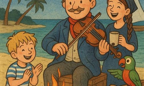Ein lächelnder, ruhiger Mann, Kapitän Bruno, rundes Gesicht mit feinem Schnurrbart, rotes Halstuch und abgenutzte blaue Jacke, sitzt auf einer Holzkiste und spielt eine kleine Violine neben einem Lagerfeuer am Strand; links auf dem Sand klatscht ein etwa zehnjähriger blonder Junge mit zerzausten Haaren und gestreifter Hemd im Takt, hinter Bruno steht ein etwa zwölfjähriges Mädchen mit heller Haut und braidem Zopf, sie hält eine Tasse und lacht, rechts auf der Reling des kleinen Bootes sitzt der grün-rote Papagei Pico mit halb geöffneten Flügeln und buntem Schnabel, im Hintergrund ankert die kleine Fregatte „La Blaue Muschel“ mit hellbraunem Holz und zusammengelegtem weißen Segel in einer ruhigen Bucht, der Strand hat goldenen Sand, einige Palmen und schimmernde Muscheln, das Feuer wirft warme orange-gelbe Reflexe auf die Gesichter, der Himmel zeigt bläuliche Dämmerung mit ersten Sternen über glitzerndem grünem Meer; sanfte, warme Stimmung mit gesättigten Pastelltönen und leicht strukturierter Linienführung, Komposition zentriert auf Bruno und das Feuer, einfache, freundliche Ausdrücke, für ein vierjähriges Kind verständlich.