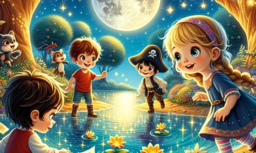 Bajo una mágica luz de luna, cuatro pequeños aventureros están al borde de un lago brillante. Lucas, un niño de cinco años con cabello castaño desordenado y una camiseta roja, observa con asombro la puerta mágica que se acaba de abrir. A su lado, Sofía, una niña de cinco años con largas trenzas rubias y un vestido azul, sonríe emocionada, lista para explorar este nuevo mundo. Mateo, un niño de cinco años con cabello negro y un sombrero de pirata, sostiene un mapa en sus manos, mirando el horizonte con determinación. Finalmente, Ana, una niña de cinco años con gafas redondas y una falda colorida, se agacha cerca del agua, fascinada por las flores cantantes que flotan en la superficie. El lago está rodeado de árboles de troncos dorados y flores multicolores que bailan al ritmo del viento. Las estrellas brillan en el cielo, añadiendo un toque de magia a esta escena de cuento de hadas. Los cuatro amigos acaban de descubrir la puerta mágica que los lleva a un mundo lleno de colores, dulzuras y aventuras, listos para sumergirse en lo desconocido y vivir momentos inolvidables juntos.