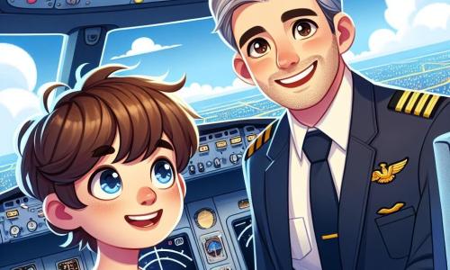 Um piloto de avião, um homem de cerca de cinquenta anos com cabelos grisalhos e um sorriso caloroso, está no cockpit de um grande Boeing 747. Ele usa um uniforme de piloto azul-marinho com uma gravata amarela, e seu rosto expressa alegria e excitação enquanto se prepara para o voo. Ao seu lado, um garoto de 11 anos, com cabelos castanhos bagunçados e olhos brilhantes de curiosidade, observa tudo com admiração. Ele usa uma camiseta vermelha e uma pequena mochila, segurando-se perto da janela, com as mãos no painel, pronto para viver uma aventura inesquecível. O cockpit está cheio de luzes piscantes e instrumentos coloridos, com uma vista panorâmica de um céu azul brilhante e nuvens fofas abaixo. A cena principal mostra o piloto explicando os comandos do avião ao jovem garoto, que está cativado por cada palavra, enquanto se preparam para decolar em novas aventuras.