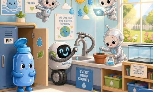 Pip is a small shiny blue water bottle with a round body, foldable cap, a drawn face with big gentle eyes and a shy smile; cheerful and proud, he stands in his cubby near the sink watching. Wheelo is a small round robot on one wheel with a pixel-face showing a wide smile, flexible arms reaching for the tap; determined, helping to turn it off, standing by Pip in front of the sink. Three tiny aliens (Zing, Glimmer, Drip) look like small humanoids in shiny silver suits with friendly round eyes; Zing jumps with excitement, Glimmer holds a glowing gadget above the tap, Drip opens a small pouch of water beads (Sip Seeds) and smiles; they float around the sink. The classroom is a bright empty primary room with pastel walls, water and nature posters, wooden shelves, an empty aquarium, and a large window letting in a sunbeam onto a small lawn outside. Main scene: the dripping tap is stopped by Wheelo while the aliens hang a colorful mobile and place a water bead in a small pot; hopeful, warm, centered composition, soft pastel colors, smooth textures and rounded shapes, calm optimistic mood.