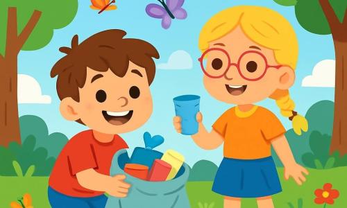 A 6-year-old boy, Sammy, with messy brown hair and a big joyful smile, is crouched in the green grass, holding a plastic bag filled with colorful litter he just picked up. Next to him is his best friend Lily, a 6-year-old girl with braided blonde hair and pink glasses, smiling while holding a plastic cup she found. Their environment is a beautiful natural park, filled with majestic trees with vibrant green leaves, colorful flowers dancing in the wind, and a clear blue sky dotted with fluffy white clouds. The scene shows Sammy and Lily cleaning the park, surrounded by colorful butterflies and singing birds, illustrating their commitment to protecting nature and keeping their environment clean and healthy.