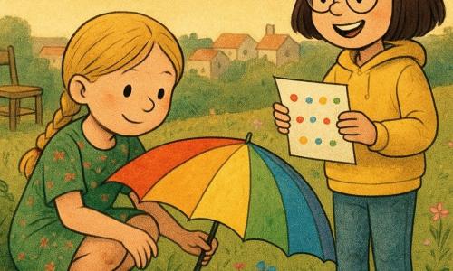Są dwie dziewczynki około 8 lat: blondynka w dwóch warkoczach w zielonej sukience w kwiaty, z zakurzonymi kolanami, przykucnięta po lewej, rozkłada parasol znaleziony w krzaku; brunetka z prostą grzywką, w żółtej bluzie z kapturem i okrągłych okularach stoi po prawej, trzyma kilka kolorowych rysunków z kropkami tworzącymi ścieżkę i uśmiecha się do parasola. Miejsce: pochyły dach-ogród z krótką trawą, drobnymi różowymi i niebieskimi kwiatami, donicami i starym drewnianym krzesłem, w tle niskie domy i złota późno popołudniowa mglista atmosfera. Główna scena: radosne, ciekawe odkrycie parasola jako centrum kompozycji, rysunki układane jak wskazówki; perspektywa na wysokości dziecka, wyraźne przyjazne twarze, miękkie cienie, ciepła paleta (żółcie, zielenie, róże, błękity), widoczne plamki trawy na ubraniach i kolorowe kropki na rysunkach, wyraźne kontury i ziarno przypominające druk na gazetowym papierze.