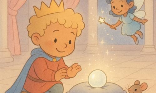 The prince is a small smiling boy with curly blond hair, soft boots and a shiny golden crown, kneeling before a moonstone on a silver cushion with his hands near it as if warming it; a tiny fairy girl of pale blue light with translucent glittering wings hovers to his right, waving a wand that leaves silver sparkles, and a small brown mouse holding a breadcrumb sits at the foot of the cushion; the vast great hall has a polished marble floor, pink and blue drapes, white columns and a high window showing a starry sky; the prince and fairy awaken the moonstone by acts of kindness and song, causing it to radiate a soft white light with silver sparks rising to the ceiling—pastel colors, rounded simple lines, soft textures, warm and comforting atmosphere.