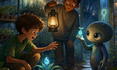 Three characters: Milo, 11, with tousled brown hair, a paint-stained green T-shirt and grass-streaked knees, crouched by a soil tray at left, reaching toward a small glowing plant with a look of wonder; Ben, 11, with short light-brown hair and an oversized gray sweatshirt, standing center-right with a comic, amazed expression while holding an old lit lantern casting warm light; Lumo, a small alien with a smooth rounded silhouette, wet-stone-colored skin, large marbled shining eyes and a scale-like sparkling suit, at right near the greenhouse door with one hand raised holding a floating glowing seed. The scene: a school greenhouse at night with fogged glass walls, metal shelves of plant trays, water droplets reflecting light, a misty warm, humid atmosphere, dark soil paths lit by blue-green glows and the lantern’s yellow bulb. The moment: the boys and the alien share a gentle, curious discovery around a new plant emitting soft blue light, the lantern illuminating surprised faces and light shafts in the mist forming friendly symbols.