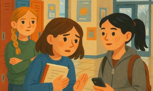 A 12-year-old girl, Maya, looks ashamed but determined—furrowed brows, flushed cheeks, mid-length brown hair, blue sweater—holding an open notebook to her chest protectively as she timidly apologizes to Lina with a hand gesture and a forward-leaning posture; Lina, also 12, appears surprised then relieved with a half-smile, lips slightly parted, black hair in a ponytail, gray jacket, holding her phone and a backpack while facing Maya; Tessa, 12, stands slightly back to the left with braided blonde hair, green sweater and crossed arms, attentive and encouraging; the scene is a school hallway bathed in soft winter light with colorful lockers, posters, shiny tiled floor, a glass library door in the background, a shelf behind them holding drying cracked clay bowls with paper labels, and a rumor depicted as small blurred lines fading upward.