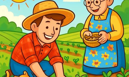 A farmer in his thirties, smiling and cheerful, wears a wide straw hat and a red checkered shirt. He is crouched in a green field, hands in the soil, planting small vegetable seedlings. Next to him, a woman in her fifties, Mrs. Wren, has graying hair and wears a floral apron. She holds a small basket of seeds and admires the farmer's work. The field is bathed in golden sunlight, with rows of young plants stretching as far as the eye can see, surrounded by colorful flowers and a blue sky dotted with white clouds. The scene shows the farmer and Mrs. Wren planting seedlings, laughing together, while a small cat plays in the grass nearby.