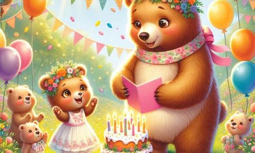 Benny the bear, a small brown bear with sparkling eyes and a radiant smile, stands in the center of a sunny clearing, surrounded by colorful decorations for Mother's Day. Filled with excitement and pride, he holds a large pink card in his paws, ready to surprise his mom. Next to him, Mama Bear, a large gentle bear with cream-colored fur and warm eyes, looks at Benny with tears of joy, touched by her little one's love. She wears a pretty floral scarf and stands beside a large carrot-shaped cake decorated with sparkling candles. The clearing is filled with vibrant flowers, floating balloons, and colorful garlands dancing in the gentle breeze. Sunlight filters through the leaves of the trees, creating a magical and festive atmosphere. The main scene shows Benny and Mama Bear at the moment all the guests shout "Surprise!", celebrating Mother's Day together, filled with joy and love in a festive ambiance.