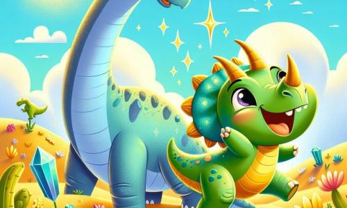 Un triceratops pe nume Trixie, cu o piele verde strălucitoare și trei coarne mari, dansează vesel sub soare, cu un zâmbet mare pe față. Ochii ei strălucesc de entuziasm în timp ce stă pe picioarele din spate, înconjurată de flori colorate. Lângă ea, un brontosaurus pe nume Benny, foarte înalt cu un gât lung și o piele bleu, o observă râzând. Se apleacă ușor pentru a fi la aceeași înălțime cu Trixie, ochii lui mari și blânzi reflectând bucuria momentului. Scena are loc într-un vast deșert însorit, presărat cu dune de nisip auriu și flori strălucitoare, sub un cer albastru deschis cu câteva nori albi pufoși. Trixie și Benny sărbătoresc prietenia lor după ce au descoperit un cristal strălucitor îngropat în nisip, simbolizând aventura și legătura lor specială.