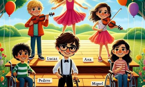 Em um parque ensolarado, cinco amigos estão em um palco de madeira decorado com balões coloridos. Lucas, um garoto de 11 anos com cabelos castanhos bagunçados e óculos, está no centro, sorrindo confiante, pronto para contar sua história. Ana, uma garota de 11 anos com cabelos longos e loiros, dança alegremente à sua direita, vestindo um vestido rosa vibrante. Pedro, um garoto de 11 anos com cabelos negros e uma camiseta listrada, está à esquerda, segurando um violino, com uma expressão concentrada. Sofia, uma garota de 11 anos com cabelos castanhos e óculos, está atrás de Lucas, preparando cartas de mágica com um ar travesso. Miguel, um garoto de 11 anos com cabelos curtos e castanhos, está sentado em sua cadeira de rodas na frente, sorrindo e encorajando seus amigos com um polegar para cima. O parque está cheio de verde, com árvores majestosas e flores coloridas balançando ao vento. Crianças riem e aplaudem ao fundo, criando uma atmosfera alegre e festiva. A cena representa o momento em que Lucas, prestes a falar, supera seu medo e abraça sua autoconfiança, cercado por seus amigos que o apoiam.