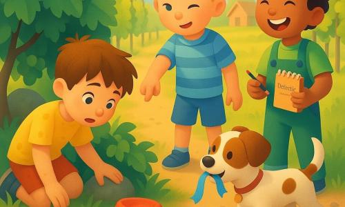 Drei Kinder: Emil, 5 Jahre, zerzauste braune Haare, gelbes erdverschmiertes T-Shirt, kniet links und reicht die Hand zu einem zerknitterten roten Strohhut; Ben, 5 Jahre, kurze blonde Haare, blau gestreiftes Hemd, steht mittig, kneift die Augen und zeigt mit dem Finger auf ein blaues Bändchen im Gras; Luis, 5 Jahre, lockige schwarze Haare, grüne Latzhose, rechts, lacht und hält ein kleines Detektivheft mit Bleistift. Ein kleiner Rüde mit braunen Ohren und weiß geschecktem Fell steht vor einem Busch, hat ein Stück blaues Band im Maul und wedelt mit dem Schwanz. Ort: sonniger Eckbereich eines Weinbergs mit hellem Erdgrund, Gras und kleinen Steinen, Rebenreihen, vorn ein alter runder Stein, unscharfe Holzhütte im Hintergrund, warme Nachmittagsbeleuchtung. Szene: Die drei kleinen Detektive entdecken gemeinsam den roten Strohhut unter einem Busch neben dem Stein, das zerknitterte blaue Band liegt daneben; fröhliche und erstaunte Mienen, Komposition auf Hut, Kinderhände und Hund zentriert, lebhafte Farben, weicher Kontrast und sichtbare Texturen von Stroh, Stoff, Erde und Blättern.