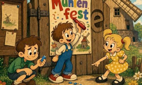 Ein 6-jähriger Junge, begeistert und konzentriert, rundes Gesicht, hellbraune zerzauste Haare, trägt eine blaue Latzhose und rote Turnschuhe; er hält einen dicken roten Buntstift und malt ein großes, farbiges „e“ auf ein Poster, leicht zum Plakat geneigt. Ein 5-jähriges Mädchen (Mia), neugierig und lächelnd, blonde Zöpfe, gelbes gepunktetes Kleid, steht rechts vom Jungen und zeigt eine kleine Spur blau­er Krümel auf dem Boden. Ein 7-jähriger Junge (Niklas), etwas schüchtern aber erleichtert, kurz braune Haare, grünes Hemd, hockt bei einer Holzanschlagtafel und zeigt einen zerbrochenen blauen Radiergummi in den Händen. Schauplatz: vor einer alten hölzernen Windmühle mit großer rustikaler Tür und genagelten Holzbrettern, warmes Sonnenlicht, grünes Gras und einige Wildblumen. Szene: das Poster „Mühlenfest“ am Tor mit bunten Buchstaben und einer großen Lücke, dem fehlenden „e“, hellblaue Krümel führen vom Poster zur Tafel; die Kinder lachen und arbeiten zusammen, um den Buchstaben zu ersetzen. Stil: kräftige Farben, dicke schwarze Konturen, runde expressive Formen, leichte körnige Textur für einen Retro-Effekt, Komposition zentriert auf den malenden Jungen mit den anderen Kindern und der Mühle im Hintergrund.