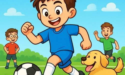Un joven llamado Lucas, de unos 10 años, está en el centro de la imagen. Lleva un uniforme de fútbol azul brillante, con calcetas blancas y zapatos de tacos. Su rostro irradia determinación y emoción, su cabello castaño está despeinado, y sostiene un balón de fútbol bajo el brazo. A su lado, su fiel perro Max, un golden retriever de pelaje dorado, mueve la cola con entusiasmo, listo para animar a su amigo. Al fondo, se ven sus amigos, dos chicos de unos 10 años, uno con gafas y camiseta roja, y el otro con una camiseta verde, ambos sonriendo y calentando. El campo de fútbol es verde, rodeado de líneas blancas bien marcadas, y el cielo es de un azul brillante, salpicado de algunas nubes blancas esponjosas. La escena muestra a Lucas driblando el balón, concentrado y listo para hacer un pase decisivo a sus amigos, mientras se siente la energía y emoción del momento en el aire.