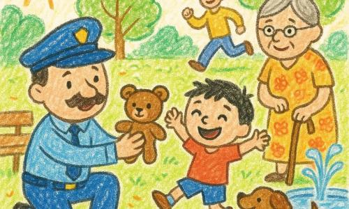 Un policía sonriente con bigote, gorra y uniforme azul claro con botones amarillos se arrodilla y entrega un pequeño oso de peluche marrón a un niño de unos 4 años de cabello corto y negro que salta de alegría a su derecha; detrás, una abuela de pelo gris en moño y vestido de flores sostiene un bastón y sonríe; un perro marrón con collar rojo mueve la cola junto a una fuente mientras un hombre adulto corre hacia el grupo; parque soleado con banco de madera, árboles de hojas redondas, césped y una fuente redonda; escena alegre, colores cálidos, estilo de dibujo infantil.