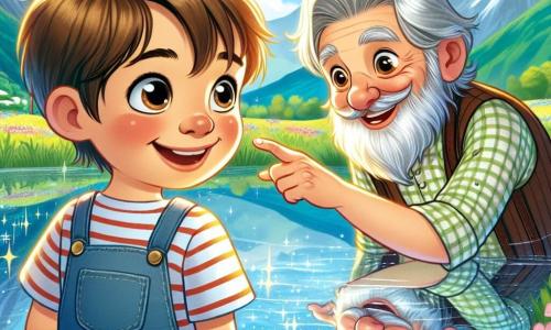 Ein 10-jähriger Junge namens Emil steht am Ufer eines funkelnden Sees, sein Gesicht von einem staunenden Lächeln erleuchtet. Er hat zerzauste braune Haare, neugierige, funkelnde Augen und trägt ein gestreiftes T-Shirt und eine Jeansshorts. Neben ihm steht ein kleiner alter Mann, der Sonnenweiser, mit einem langen silbernen Bart und leuchtenden Augen wie Sterne, der warm lächelt und auf die Wasseroberfläche zeigt. Die Landschaft ist bezaubernd, umgeben von grünen Bergen unter einem strahlend blauen Himmel, mit bunten Blumen, die im Wind tanzen. Emil betrachtet sein Spiegelbild im Wasser und entdeckt die Farben seines Herzens, während der Sonnenweiser ihn ermutigt, seine Emotionen und seine innere Wahrheit zu erkunden.