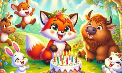 Ein kleiner Fuchs mit glänzend rotem Fell und strahlenden Augen steht in der Mitte einer sonnigen Lichtung, mit einem großen Lächeln im Gesicht, umgeben von seinen Freunden, um seinen Geburtstag zu feiern. Rechts von ihm springt ein niedlicher Hase mit großen weißen Ohren und rosigen Wangen vor Freude, seine Augen leuchten, während er einen kleinen Kuchen mit bunten Kerzen hält. Links von ihm applaudiert ein Bison mit braunem Fell und weichem Fell, freundlich lächelnd, mit aufgeregtem Schwanzwedeln. Die Szene spielt in einem geheimen Garten, gefüllt mit bunten Blumen, die im leichten Wind tanzen, während Sonnenstrahlen durch die Blätter majestätischer Bäume filtern und tanzende Schatten auf den Boden werfen. Die Freunde des kleinen Fuchses versammeln sich um eine große karierte Decke, lachen und singen fröhlich, während sie sich auf den Genuss des Geburtstagskuchens vorbereiten und die Luft mit Lachen und Freude füllen.