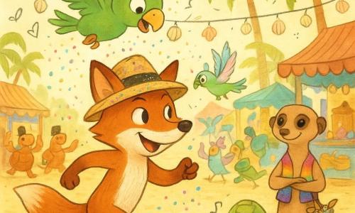 Fino, ein anthropomorpher Fuchs mit kupferglänzendem Pelz, lächelnd und entschlossen, trägt einen mit Glitzern übersäten Strohhut und läuft am Rand eines Umzugs, um schwebende Pailletten zu fangen; darüber wirbelt der freche, leuchtend grüne Papagei Lala, der nach den Sequins taucht, und einige Schritte dahinter steht die nähende Manguste Mirna im regenbogenfarbenen Gilet, mit verschränkten Armen, lächelnd und ein Säckchen Pailletten haltend; um sie herum ein fröhlicher Tierzug (Krabben mit kleinen schwarzen Hüten, pastellfarbene Kolibris, Trommel tragende Schildkröten) auf einem Inselsmarkt mit Palmen, warm bemalten Holzständen, Muschellaternen, goldenem Sand und schimmernden Wellen im Hintergrund; Szene: dynamische, diagonal komponierte Festlaufaktion unter warmem Sonnenlicht, gesättigte Farben, weiche Linien, Stoff‑ und Strohttexturen, glänzende Spiegelungen auf den Pailletten und verspielte Doodle‑Elemente zur Betonung der Jugendlichkeit.