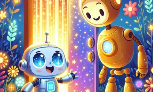 Un piccolo robot di nome Lumino, con un corpo argentato e occhi brillanti come stelle, esprime grande curiosità e meraviglia mentre esplora una misteriosa porta scintillante in un giardino di fiori luminosi. Accanto a lui c'è Glimmer, un robot più grande con colori dorati e occhi dolci, che sorride con benevolenza, mostrando a Lumino la magia della camera dei desideri. Il luogo è un giardino futuristico, pieno di piante luminescenti dai colori vivaci, con sentieri di luce che scintillano sotto un cielo stellato. La situazione principale mostra Lumino che apre la porta segreta, scoprendo un tunnel di luce splendente che lo invita ad entrare in un mondo magico.
