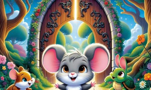 Una piccola topo di nome Tippy, con un morbido pelo grigio e occhi scintillanti di curiosità, si trova davanti a una grande porta di legno decorata con fiori colorati. Ha un'espressione determinata, pronta per un'avventura. Accanto a lei, Benny il Coniglio, un giovane con grandi orecchie e un pelo bianco splendente, salta gioiosamente, il suo viso radioso di eccitazione. Lila la Tartaruga, una piccola tartaruga con un guscio verde e occhi maliziosi, si muove lentamente ma con sicurezza, osservando il paesaggio con interesse. L'ambiente è un magnifico boschetto incantato, pieno di alberi maestosi con foglie brillanti, fiori dai colori vivaci e un cielo blu chiaro punteggiato di nuvole soffici. La scena principale mostra Tippy e i suoi amici davanti alla porta misteriosa, pronti ad aprirla per scoprire il mondo magico che li attende all'interno, con i cuori che battono di eccitazione e attesa.
