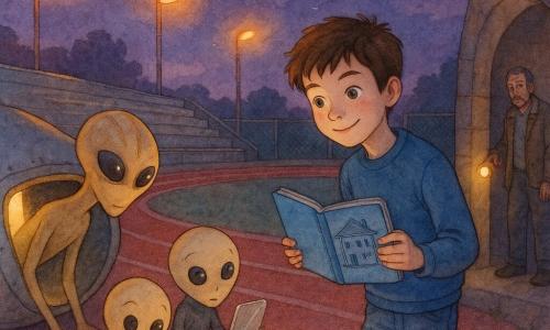 Leo, 12 años, rostro curioso, pelo castaño corto y algo despeinado, con sudadera azul y vaqueros, sostiene su cuaderno azul abierto mostrando un dibujo de una gran casa y sonríe timidamente inclinándose hacia los visitantes; el extraterrestre Niri, esbelto color arena húmeda con grandes ojos negros, asoma por una rendija de una carlinga metálica; Plo, pequeño y redondeado de piel beige y aire juguetón, salta junto a Niri intentando tocar la página; Sava, más alto y reservado de piel morena, sujeta una placa transparente brillante en la entrada de la nave-piedra; un guardia de unos 50 años con linterna y chaqueta gastada ilumina la pista con una luz amarilla, sorprendido; lugar: pista de atletismo rojo alrededor de un campo, gradas vacías, vallas metálicas y farolas que proyectan halos anaranjados bajo un cielo crepuscular violeta; noche suave, focos del estadio parpadean, Leo muestra su dibujo junto a una extraña carlinga-ván luminosa en una atmósfera tierna de curiosidad y calma con ligera tensión por la presencia del guardia.