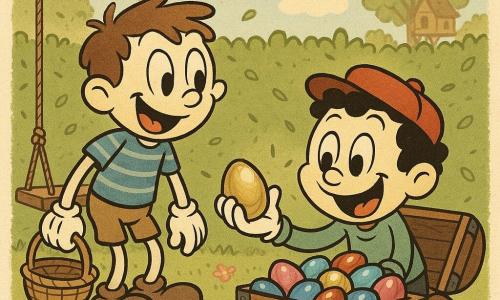 Hay dos niños de unos 6 años: a la izquierda un chico de pelo castaño corto y despeinado, camiseta de rayas azules, pantalón corto beige y una pequeña cesta de mimbre en la mano, mirando emocionado hacia un cofre; a la derecha otro niño de pelo negro rizado con gorro rojo y sudadera verde claro, arrodillado ante un cofre abierto, sonriendo y sosteniendo un huevo de chocolate envuelto en papel dorado brillante. Están en un jardín primaveral soleado con césped verde, flores rosas y amarillas, un seto denso al fondo, un columpio de madera a la izquierda y una casita en un árbol desenfocada a lo lejos bajo un cielo azul con nubes. Han descubierto un cofre de madera detrás del seto lleno de huevos de chocolate coloridos y brillantes (chocolate oscuro visible, envoltorios metálicos rosa, azul y oro); la luz cálida del sol ilumina sus rostros, tienen migas de chocolate en los labios y hojas moviéndose alrededor, con expresiones de alegría y sorpresa.