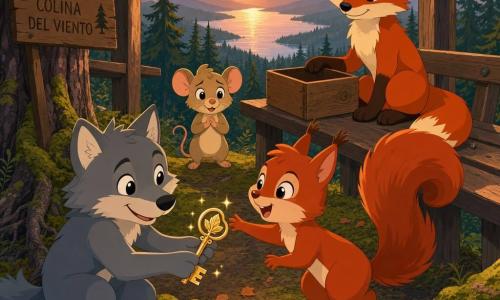 El protagonista es Lino, un pequeño lobo gris de pelaje suave y ojos brillantes, agachado y sosteniendo una llave dorada con un motivo de hoja, mirándola contento y tranquilo; Nica, una ardilla roja de ojos curiosos, está junto a él saltando de alegría y estirando una pata para tomar la llave, su cola tupida forma una curva expresiva; Miga, una ratoncita beige, se mantiene algo atrás, tímida pero aliviada, con las manos juntas y mirando al grupo con orgullo; Roco, un zorro rojizo de orejas puntiagudas, está sentado en el banco de madera del mirador, sonriendo y apoyando una pata sobre una caja de madera vacía; la escena ocurre en un mirador de madera en una colina con raíces visibles, musgo claro, pequeñas hojas marrón-anaranjadas, pinos al fondo y un lago plateado bajo un cielo de atardecer anaranjado-rosado; la situación principal muestra el hallazgo feliz de la llave dorada bajo las raíces cerca del banco, con amigos reunidos, expresiones cálidas, luz vespertina que hace brillar la llave y una atmósfera de cooperación y alivio; estilo gráfico simple, colores planos y contrastados, formas nítidas, siluetas legibles y texturas minimalistas con detalles visibles (motivo de hoja en la llave, nervaduras de las hojas, nudos de la madera).