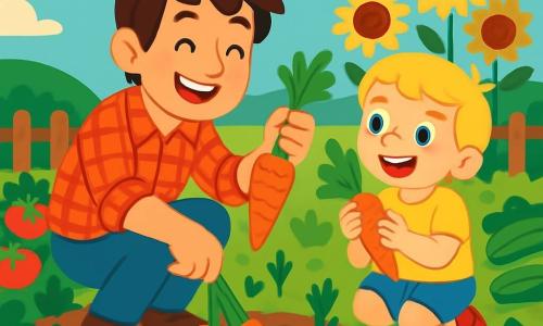 Un giovane, Marco, sorridente e felice, con i capelli castani disordinati e una camicia a quadri rossa, è accovacciato in un giardino soleggiato mentre raccoglie carote arancioni vivaci. Accanto a lui, un ragazzo di 8 anni di nome Luca, con capelli biondi e occhi scintillanti, osserva con meraviglia le carote che tiene tra le mani. Il giardino è circondato da file di ortaggi colorati, con pomodori rossi e zucchine verdi, e sullo sfondo si intravede una recinzione di legno e campi di girasoli che ondeggiano dolcemente al vento. La scena mostra Marco e Luca che ridono insieme, condividendo un momento di complicità mentre scoprono la magia del raccolto nel calore di una bella giornata estiva.