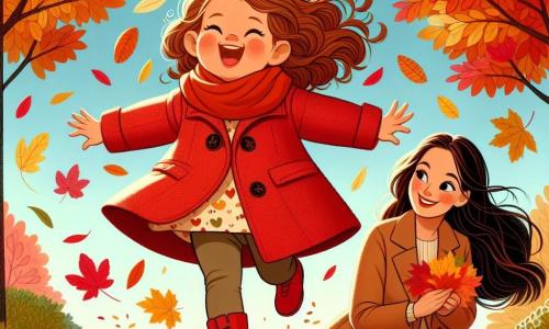 A one-year-old girl with curly brown hair and round cheeks is wearing a large red coat. She is joyfully jumping into a pile of colorful autumn leaves, with a big smile on her face. Next to her, her mother, a woman in her thirties with long brown hair, is laughing with her arms crossed while holding some leaves in her hand. The setting is an autumn park with trees displaying vibrant orange, yellow, and red leaves under a clear blue sky. Leaves are gently falling around them, creating a magical and joyful atmosphere. The main scene shows the little girl having fun jumping in the leaves, with laughter echoing in the fresh, fragrant autumn air.