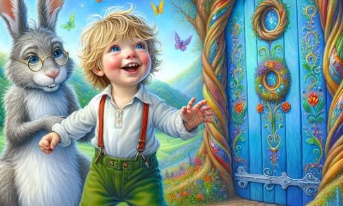 A one-year-old boy named Leo, with messy blonde hair and bright, curious eyes, stands in front of a colorful wooden door painted with vibrant blue, green, and purple patterns. He has a big smile, arms raised, as if ready to enter a magical world. Next to him is a wise old rabbit with gray fur and round glasses, standing on its hind legs, looking at Leo with kind eyes and seemingly encouraging him with a paw gesture. In the background, an enchanted forest stretches out, with majestic twisted trees and brightly colored flowers dancing in the wind. Colorful birds fly in the blue sky, adding a touch of magic to the scene. The main focus shows Leo, the little boy, ready to open the mysterious door leading to an incredible adventure, while the rabbit encourages him to enter this wonderful world.