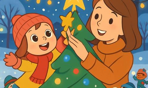 A 4-year-old girl named Lily, with big bright eyes and a radiant smile, wears a pink wool hat and a red scarf. Full of joy and wonder, she raises her arms to hang a shining star on a large Christmas tree. Beside her, her mother, a gentle woman in her 30s with brown hair and a warm coat, encourages her with a loving smile, holding the base of the star to assist. The scene takes place in a snowy square, illuminated by twinkling lights hanging from the trees, with snowflakes gently falling, creating a magical atmosphere. The large tree in the center, adorned with colorful lights and shiny ornaments, is surrounded by small children playing in the snow, laughing and throwing snowballs. Lily and her mother are decorating the tree, filled with happiness and warmth, while distant bells softly ring, adding to the magic of this Christmas evening.
