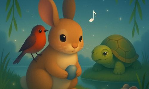 A small warm-brown rabbit sits serenely holding a smooth bluish stone called Perhaps; a bright red robin perches on its shoulder singing a sustained note; a slow, wise turtle watches from a nearby grassy mound; a shy pale-gray mouse peeks from shadow at the edge. They are under a weeping willow by a mirror-like pond at dusk, with soft mossy grass and pale stars in a blue-gradient sky; warm and blue tones, soft textures, quiet intimate atmosphere as the rabbit meditates preparing an inner journey while friends circle protectively and tiny sparks of light drift like fragile ideas.