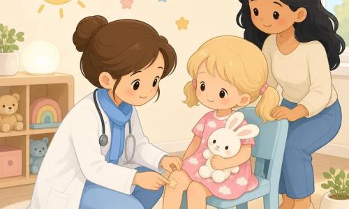 Dr. Mira, a smiling, kind brown-haired doctor with hair in a bun, wearing a light white coat and blue scarf, kneels to gently examine a small star-shaped bandage on a knee while soothing a child; Zoey, about 5–6, blond pigtails, in a pink cloud-patterned dress, sits on a small chair holding a white plush rabbit and smiles shyly as the doctor cleans the spot with a warm wipe and applies the bandage; behind them the relieved mother (30–35, tan skin, hair down) stands with hands on the chair back in a bright, warm consultation room with sun and cloud stickers, a low toy shelf, a soft round lamp, and creams and wipes on a light wood table, soft pastel palette (sky blue, dusty pink, gentle yellow).