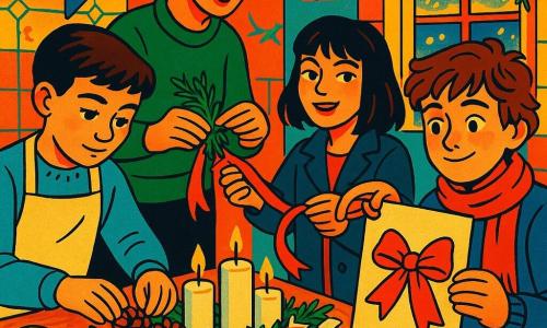 Há cinco personagens: Tomás (12 anos), cabelo castanho curto, expressão calma, suéter azul-claro e avental bege, à esquerda da mesa arranjando pinhas; Dinis (12 anos), cabelo castanho despenteado, cachecol vermelho, olhar vivo, à direita segurando uma cartolina e ajustando um laço vermelho; Inês (14 anos), cabelo preto com franja, jaqueta escura, sorriso dramático, atrás da mesa estendendo uma fita vermelha; a mãe (c. 40 anos), cabelo apanhado, suéter verde, gestos cuidadosos, ao fundo à esquerda colocando raminhos de alecrim e vigiando as velas; e o senhor Álvaro (c. 65 anos), cabelo grisalho, gorro vermelho, com um saco de biscoitos, na entrada da cozinha sorrindo. Local: cozinha acolhedora e ligeiramente retro com grande mesa de madeira clara no centro, janela embaçada com luzes de rua amarelas, guirlandas de Natal na parede e prateleira com frascos. Situação: as crianças fazem um centro de mesa de Natal sobre uma travessa dourada — velas apagadas no centro, pinhas em círculo, rodelas de laranja seca como pequenas luas, fita vermelha bem amarrada e papeizinhos com mensagens nos raminhos — atmosfera íntima e colorida com sorrisos e gestos concentrados.