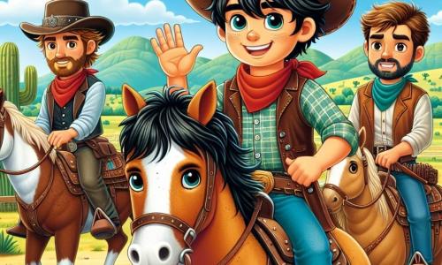 Um cowboy chamado João está no centro da cena, com um largo sorriso no rosto. Ele usa um chapéu de cowboy de couro marrom, uma camisa xadrez vermelha e um colete de denim. Suas botas estão empoeiradas e ele está montado em um cavalo rápido, um Pinto de pelagem marrom e branca, que parece ansioso para galopar. João levanta uma mão em sinal de encorajamento, mostrando sua determinação e alegria. À sua direita, Carl, um homem de cerca de 30 anos, também está em seu cavalo, o Estrela, que é um pouco mais lento, com pelagem dourada. Carl parece nervoso, mas determinado, com os cabelos castanhos bagunçados pelo vento, vestindo uma camisa azul. Ele olha para João com admiração, pronto para dar o seu melhor. Ao fundo, Rex, um homem de cerca de 35 anos, tem uma expressão desafiadora. Ele tem cabelos negros e uma barba bem feita, usando um bandana vermelho no pescoço e um colete de couro preto. Ele está em seu cavalo, pronto para partir, com os braços cruzados, exibindo uma atitude arrogante. A cena ocorre em uma vasta e ensolarada pradaria, com colinas verdes ao horizonte e um céu azul salpicado de nuvens brancas. Cactos e rochas decoram a paisagem, adicionando um toque típico do Velho Oeste. A situação principal mostra João e Carl se preparando para uma emocionante corrida até a colina, com Rex desafiando-os. A excitação é palpável no ar, e os espectadores da cidade se reúnem ao redor, ansiosos para ver quem ganhará essa corrida amistosa.
