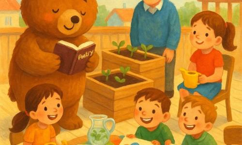 Un grande orsacchiotto vivente, Orso Bruno, dal pelo bruno, in piedi sulla terrazza legge un piccolo quaderno di poesie; Nina, bambina di otto anni con coda di cavallo e annaffiatoio giallo, è seduta vicino; un uomo anziano dai capelli grigi sorride vicino alle fioriere; due scolari mostrano disegni di uccelli accovacciati accanto al tavolo; una giovane fotografa con capelli corti e sciarpa blu riprende la scena. Terrazza soleggiata con pavimento in legno chiaro, tre grandi fioriere con terra scura e nuove piantine, tavolino con tovaglia colorata, piatti di biscotti e caraffa d’acqua alla menta; sul bordo un piccolo uccellino che sembra ascoltare. Atmosfera calma, calda e luminosa, colori pastello e texture in stile gouache.