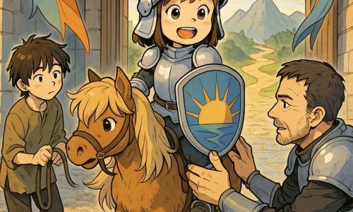 A young girl knight (about 8) with a round face, bright eyes and determined expression wears an oversized helmet on brown hair, holds a sunrise-painted shield and light practice sword, and stands proudly on her small mare Bramble (honey mane, nervously pawing); a messy-haired stableboy (about 12) holds the reins nearby with a worried but tender look, and a captain (about 40) in simple armor crouches with a hand on her shoulder as a blessing; the morning castle courtyard has wet cobbles, colorful banners and a massive wooden gate opening onto three paths—dark forest left, gray mountains center, misty river right—bathed in golden light as the young knight readies to depart.