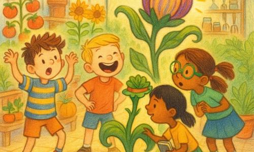 Four children around a strange potted plant in a sunlit glass greenhouse: Leo, ~8, tousled brown hair and freckles, striped blue‑yellow tee, doing a chicken dance left of stage; Mia, ~7, chestnut pigtails and sparkly green glasses, polka‑dot socks, whispering to the plant at right; Alfie, ~8, blond, wide grin, hands on hips at center‑left laughing toward the plant; Poppy, ~7, short black hair, green skirt, holding a small notebook and placing a salad‑hat on a leaf at the front. The greenhouse has beige tiled floor with soil spots, warm sun patches, rows of colorful pots (tomatoes, pumpkins, sunflowers) and a wooden shelf with jars and tools in the background. At center a thick‑stemmed green plant with curled leaves and a large bud is opening into a smiling, striped orange‑and‑violet flower with a burst of petals and light; the scene is joyful with bright colors and visible crayon‑like textures.